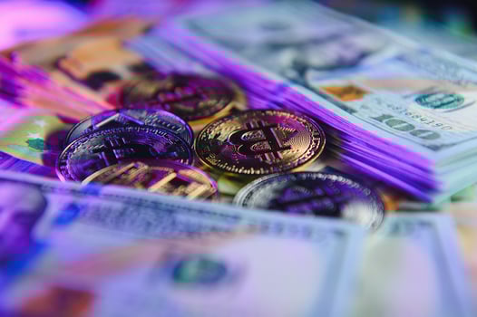 euro banknotes and coins, dollar banknotes with bitcoin. High quality photo. photo