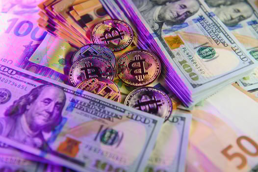 Money background. USA dollar with Euro Banknotes and Bitcoin cryptocurrency investing concept. photo