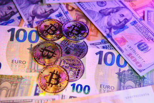 Money background. USA dollar with Euro Banknotes and Bitcoin cryptocurrency investing concept. photo
