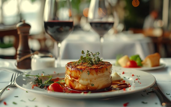 Grilled Scallops With Red Wine Sauce on a White Plate at a Restaurant photo