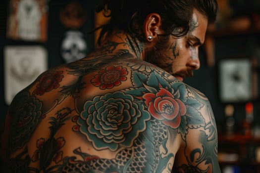 Man with extensive traditional japanese tattoos posing in studio photo