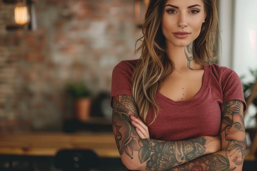 Woman with tattoos standing in a modern interior photo