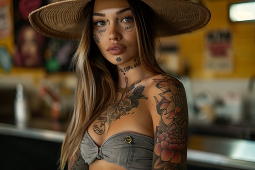 Woman with tattoos wearing a straw hat and grey top inside photo