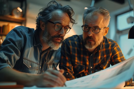 Two men collaborate on a project in an office setting at night photo