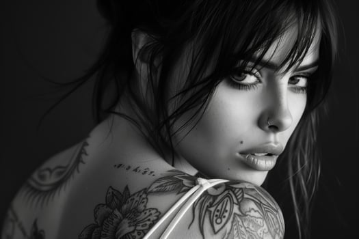 Black and white portrait of a woman with tattoos photo