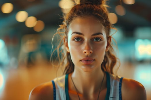 Young woman with blonde hair in a white tank top looking directly at the camera indoors photo