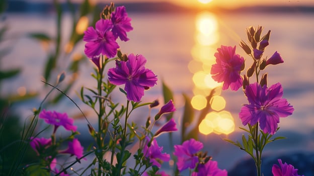 Purple flowers at sunset by the water photo
