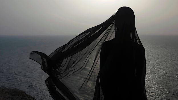A silhouette against the horizon the fabric framing their form as they stand on the cliffside facing the endless expanse of the sea photo