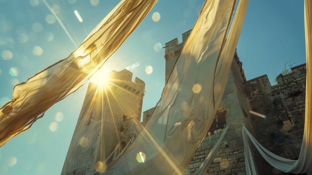 The fabric on the drawbridge blowing in unison creating a symphony of motion against the backdrop of the castle photo