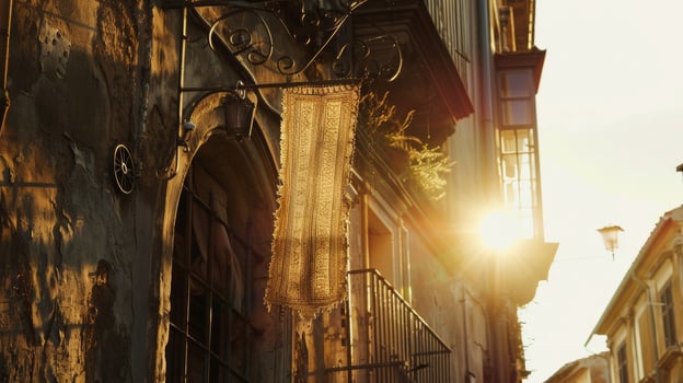 A medieval banner hangs from a wroughtiron balcony telling the story of the streets past photo