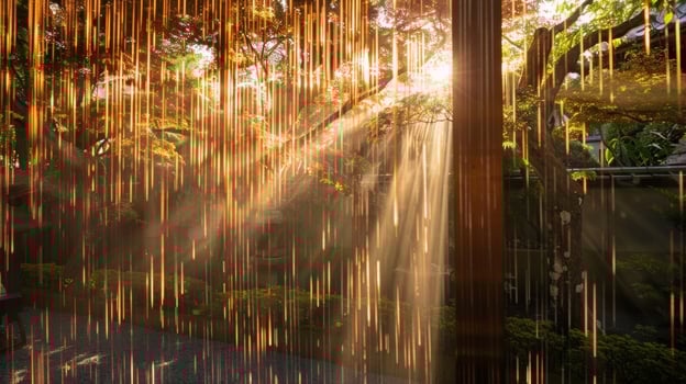 Thin strips of fabric hang vertically creating a dreamy curtain that filters the sunlight in the temple garden photo