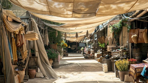 A rustic market with vendors selling their wares under fluttering burlap awnings and canopies photo