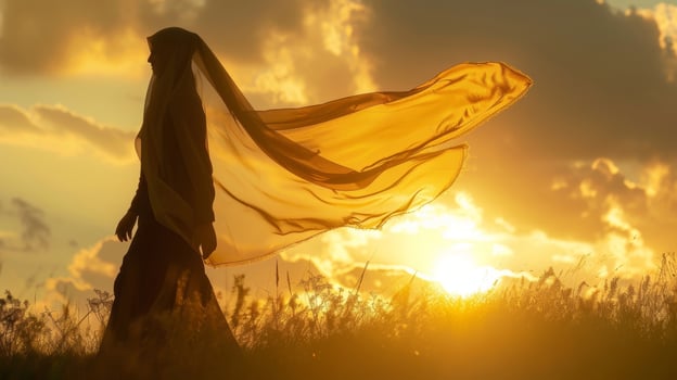A woman walking with confidence her hijab fluttering behind her like a cape in the wind photo
