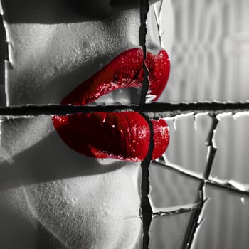 Deep red lipstick leaves a smudged kiss on the pristine surface of a mirror. Black and white art. photo