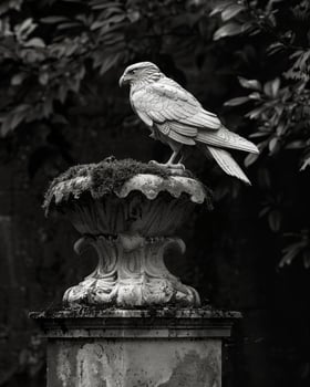 A stone bird with finely sculpted wings and feather details perched on a pedestal. Black and white art. photo