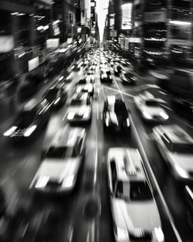 The citys energy is captured in the blurred motion of cars and people. Black and white art. photo