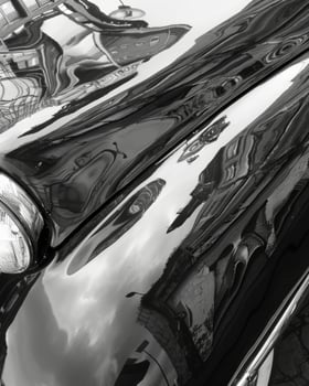 The urban landscape reflected in the sleek surface of a cars hood adding layers to the image. Black and white art. photo