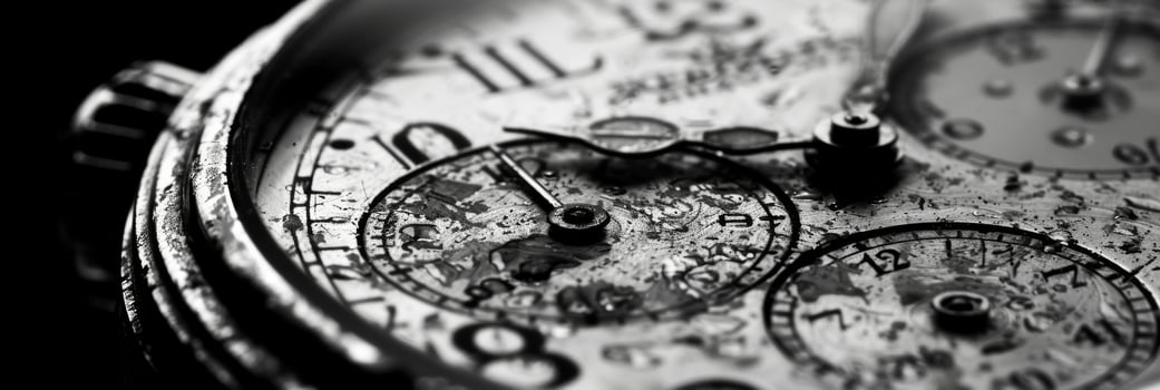 A dial of a vintage watch with each scratch and imperfection a mark of its history. Black and white art. photo