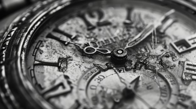 The weathered face of a vintage watch telling the tale of its journey through the ages. Black and white art. photo
