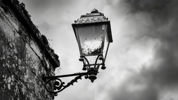 The vintage street lamp stands proudly despite its chipped and tarnished surface. Black and white art. photo