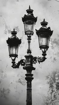 The ornate design of the street lamps base is almost obscured by the layers of grime and dirt. Black and white art. photo