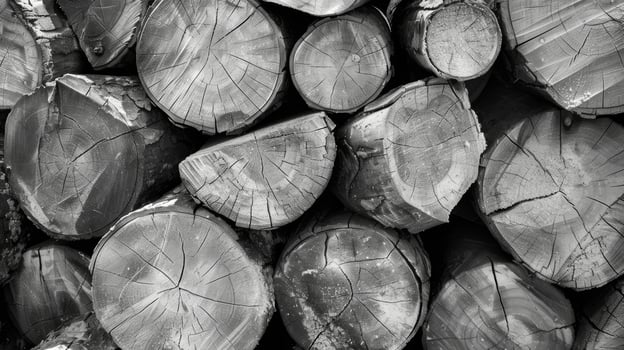 A pile of split logs each one displaying unique and distinct wood grain patterns. Black and white art. photo