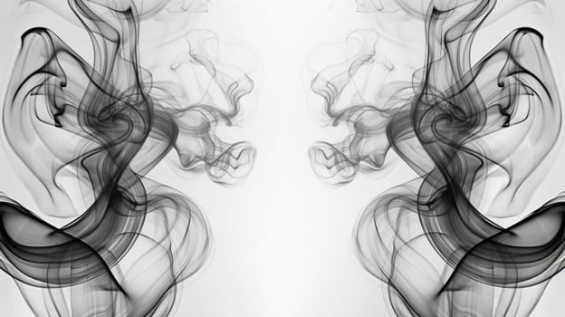Thin coils of smoke appeart.to intertwine with their mirror image creating a mesmerizing pattern. Black and white art. photo