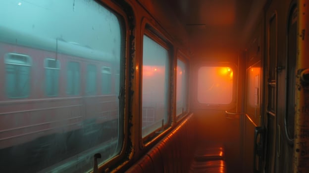 The fog slowly reveals glimpses of the world around adding to the anticipation of the train journey photo