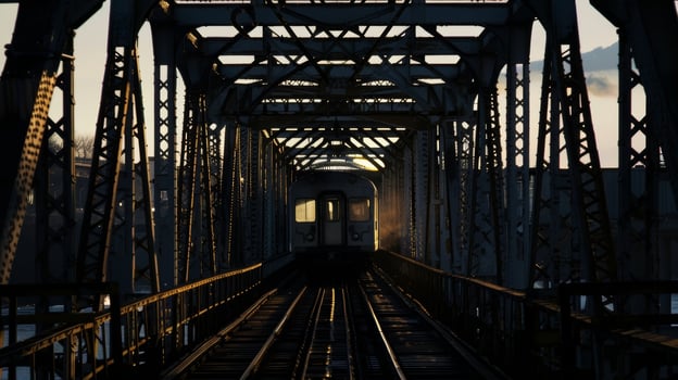 The iconic silhouette of a train crossing a towering iron bridge photo