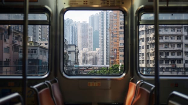 A bustling city train station with towering buildings in the background photo