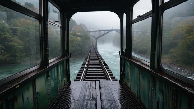 The train slowly passes over the roaring river supported by the sy iron legs of the rail bridge photo