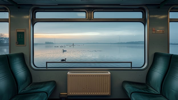 Ducks and swans floated gracefully on the calm waters undisturbed by the passing train photo