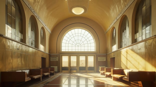 The interior of an Art Deco train station bathed in natural light showcasing the beauty of the design photo