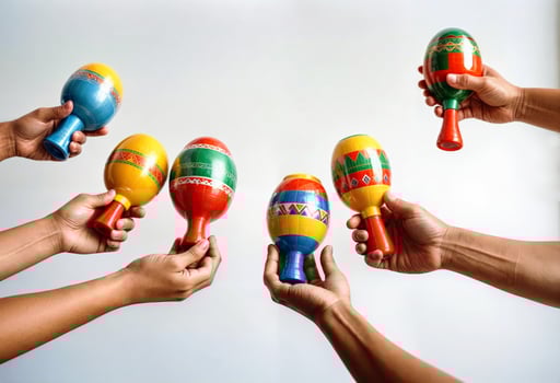group of hands holding maracas on white background photo