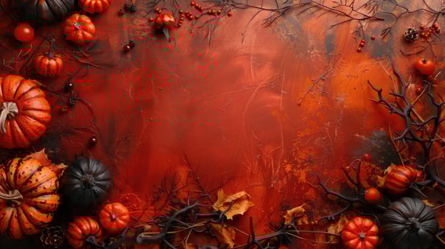 Halloween theme card with pumpkins on orange and red background with copy space. Spooky scary holiday concept photo