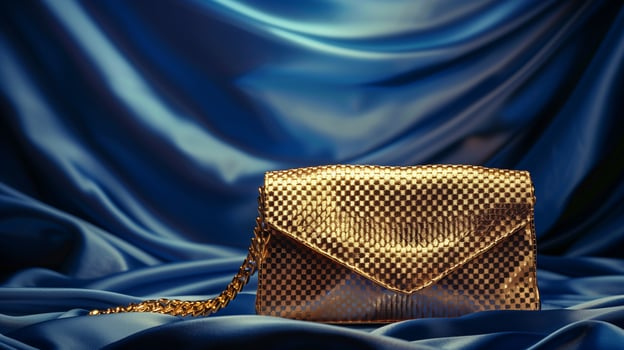 Golden Clutch Elegance Against a Luxurious Blue Satin Background photo