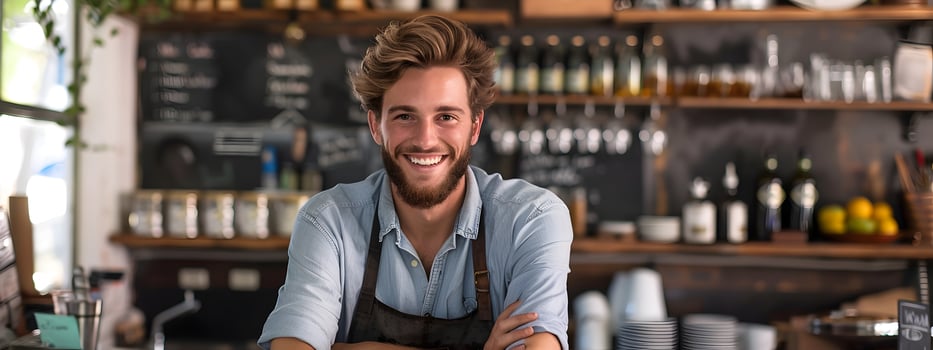 Cheerful Young Cafe Owner Proudly Welcoming Customers in His Cozy Establishment photo