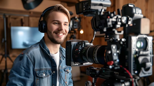 Cheerful Young Videographer Capturing Footage in Professional Studio photo