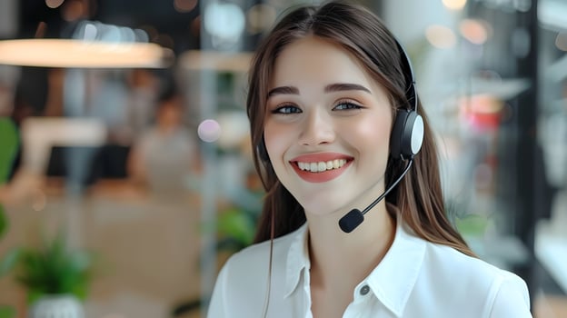 Cheerful Young Woman Customer Service Manager Assisting Clients photo