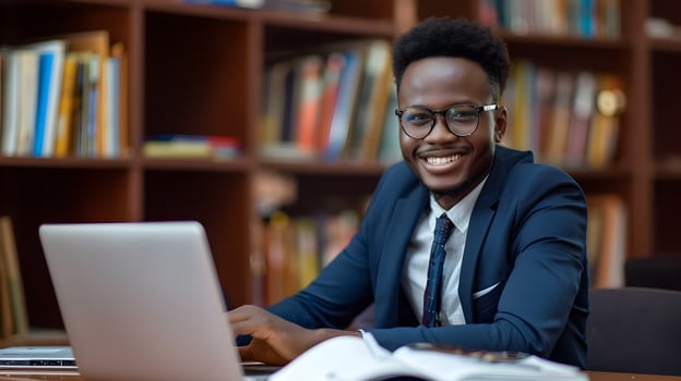 Confident African American Professional Working at Office Desk photo