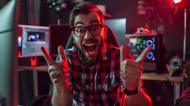 Enthusiastic IT Professional Celebrates Accomplishments at Vibrant Workstation photo