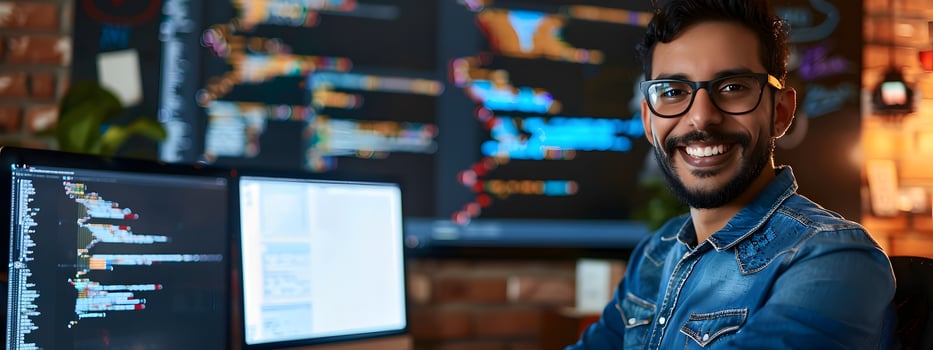Smiling Young Professional Web Developer Working at His Desk with Laptop and Monitor photo
