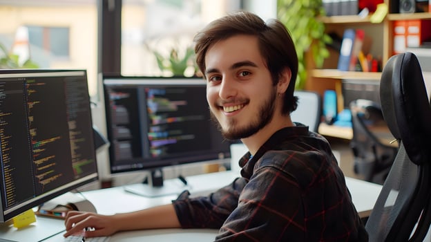 Successful Young SQL Developer Enthusiastically Working in Modern Office photo