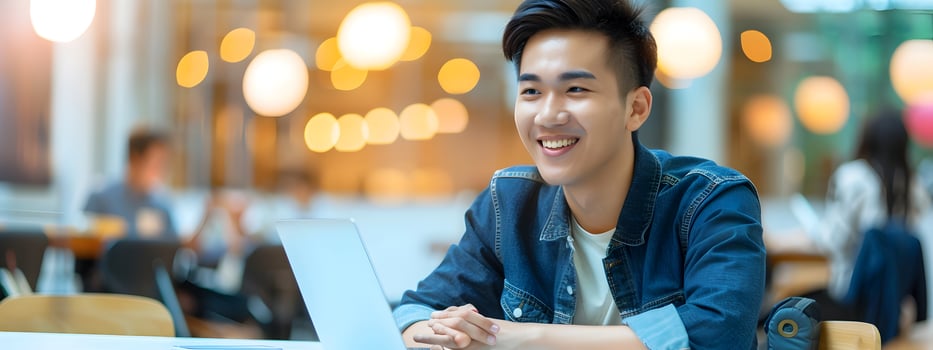 Young Asian Entrepreneur Smiling and Working on Laptop in Cozy Cafe Setting photo