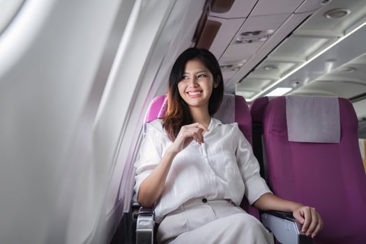 Businesswoman traveling on airplane seat. Concept of business travel and work photo