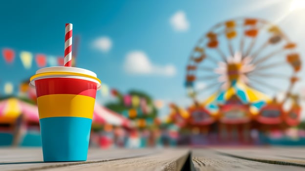 A vibrant summer carnival with colorful rides and bright banners under a clear blue sky photo