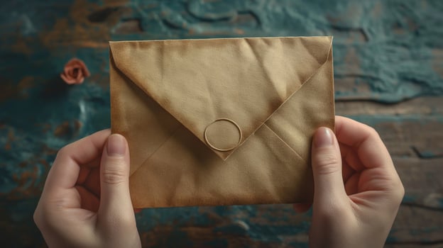Hands Holding Antique Golden Envelope with Rustic Wax Seal on Artisan Wooden Table with Velvet Marks, Symbolizing Romantic Message or Vintage Invitation for Special Occasion photo