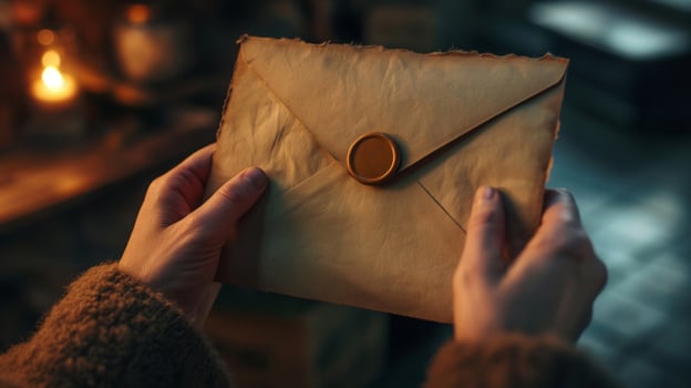 Vintage Envelope Sealed with Wax in Cozy Candlelit Room, Warm Ambient Lighting, Close-Up of Hands Holding Rustic Letter, Perfect for Holiday Season, Nostalgic, Historical Communication, Holiday Magic photo