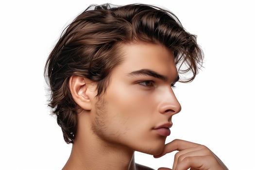 Profile Portrait of Handsome Young Man with Perfect Skin and Stylish Hair on White Background - Ideal for Fashion, Beauty, and Lifestyle Design Elements photo