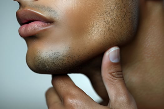 Close-Up of Handsome Male Model Touching Chin, Focus on Smooth Skin Texture and Detailed Facial Hair Growth photo